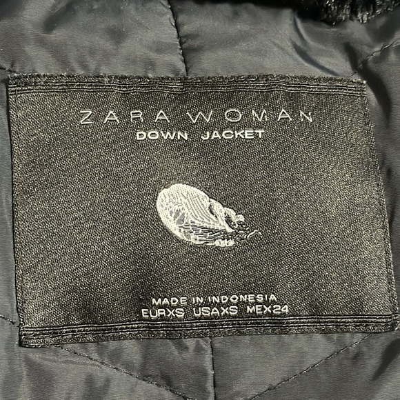 ZARA‎ Black Down Coat Long Jacket hood Winter Snow size XS Extra Small Faux Fur - Picture 8 of 10